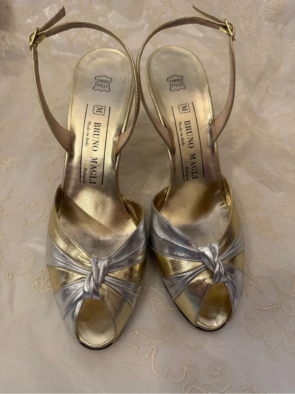 Bruno Magli Metallic Silver and Gold Knot Peep-Toe Slingback Vintage Heels